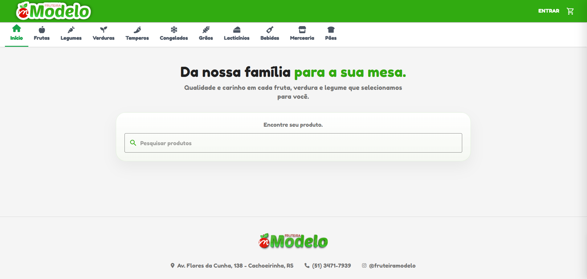 Página inicial da Fruteira Modelo com navegação por categorias e busca de produtos.